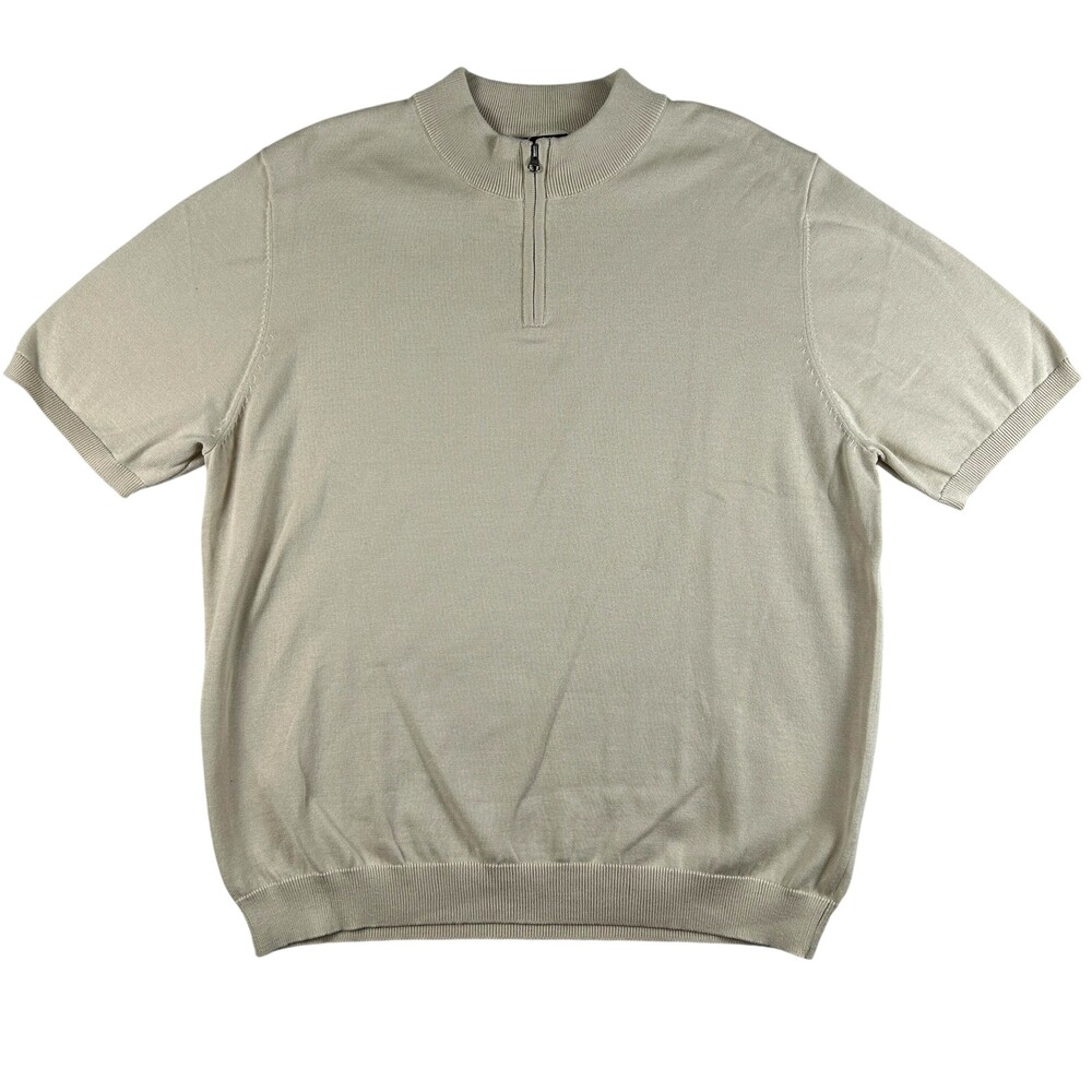 Paul Fredrick Sweater Mens XL Beige Cotton Short Sleeve 1/4 Zip Mock Neck Knit